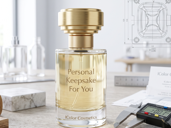 A photorealistic glass perfume bottle with a golden cap sits on a light wood desk, featuring an engraving that reads "Personal Keepsake For You" and "IColor Cosmetics." Adjacent to it are a precise digital caliper, a technical engineering blueprint, business cards, and material samples of wood and marble. The background shows a bright, modern office studio.
