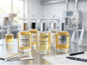 Custom perfume bottles showcasing different label materials like textured paper matte finish, polypropylene no-label effect, and a metallic Zamac badge in a laboratory setting.
